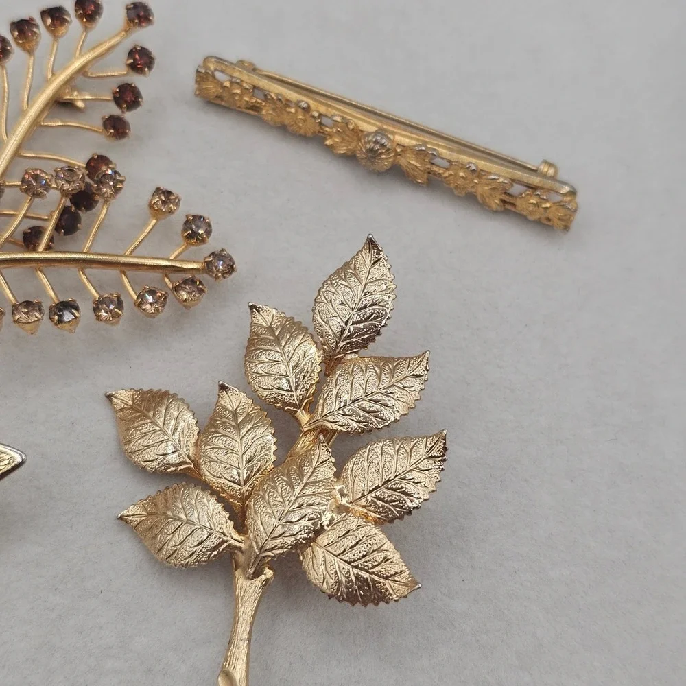 Vintage Rhinestone Brooch Lot Gold Tone Butterfly Leaf Nature Botanical 5pc